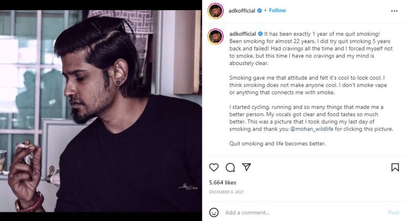 Dinesh Kanagaratnam's Instagram post about quitting smoking