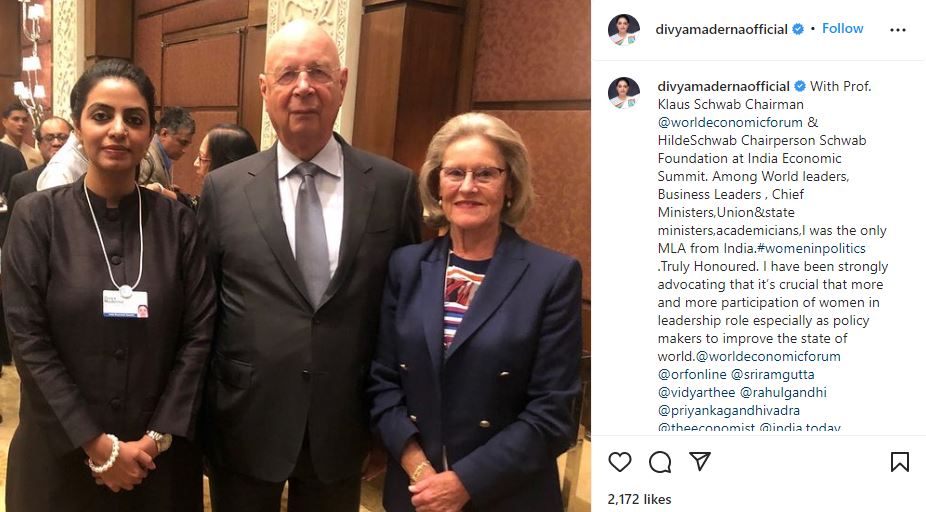 Divya Maderna's Instagram post in which she attended the India Economic Summit as the only MLA from India