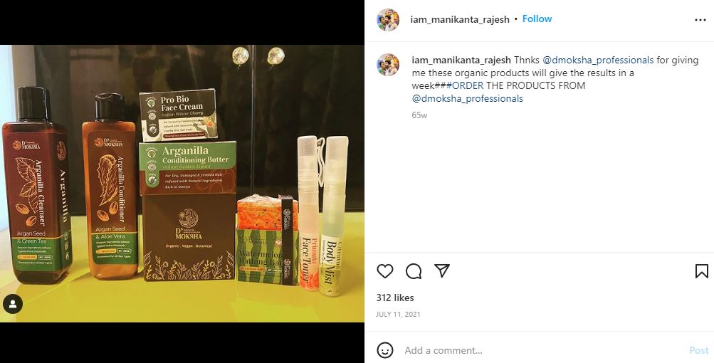 Manikandan Rajesh endorsing D' Moksha on his Instagram account