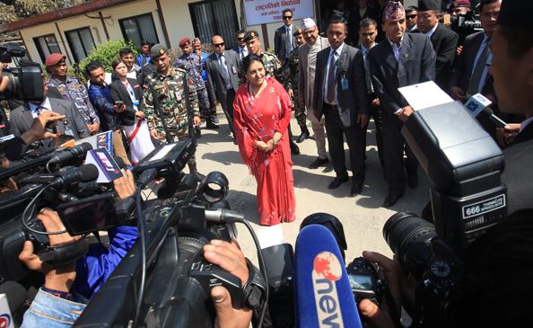 President Bidya Bhandari talking to media in 2018 after registering her candidacy for a second term