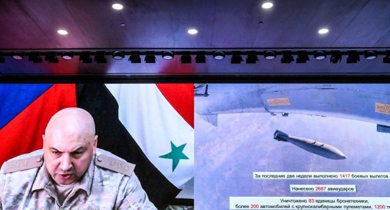 Sergei Surovikin giving a presentation on the Russian military operations in Syria while serving as the Russian commander in Syria