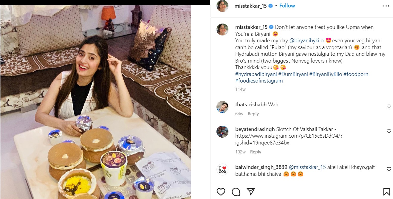 Vaishali Takkar's Instagram post about her eating habits