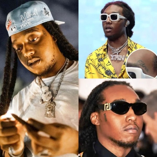 A collage of Takeoff's tattoos on his face