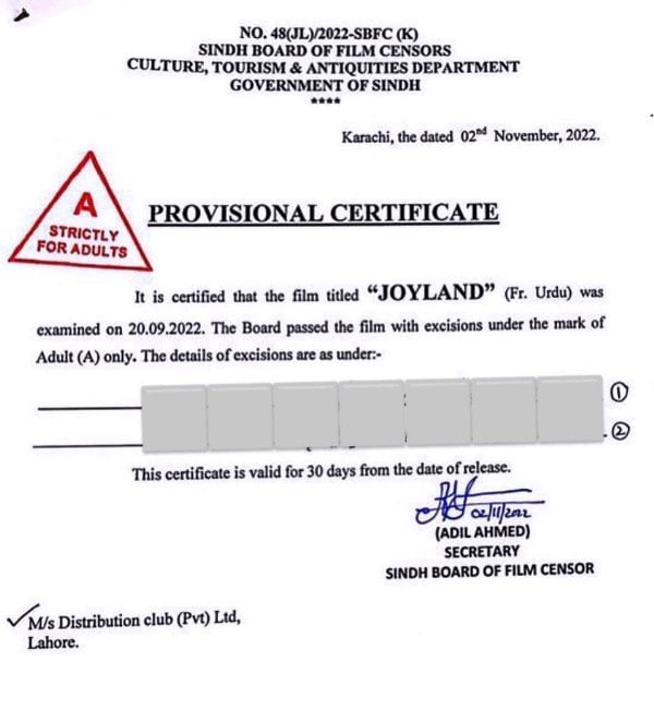 A photo of the Certificate that was issued by the Censor Board of Sindh Province to Joyland