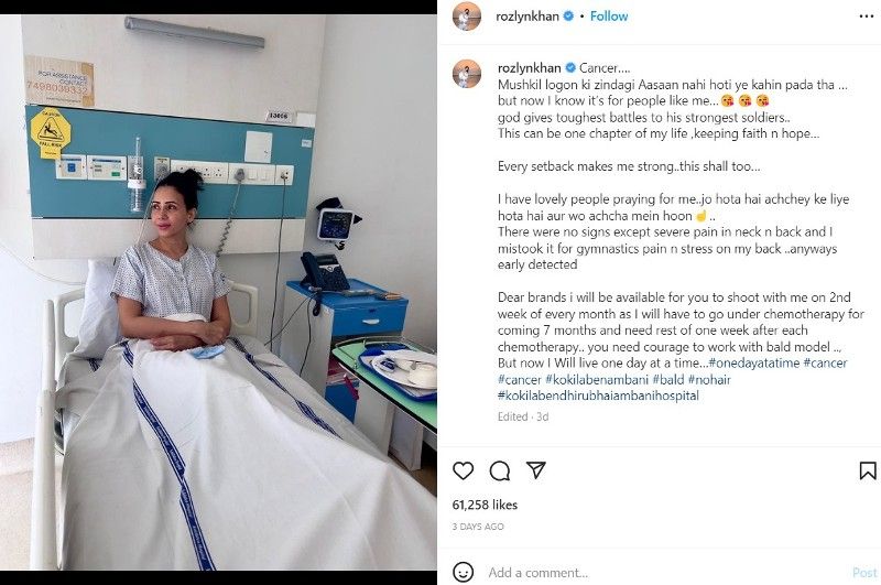 An Instagram post shared by Rozlyn Khan, revealing about her cancer
