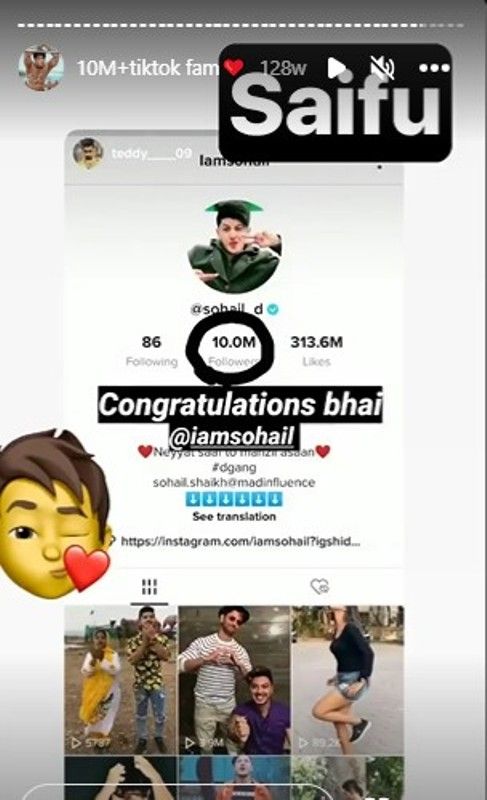 An Instagram story shared by Sohail Shaikh afer he gained 10 million followers on TikTok