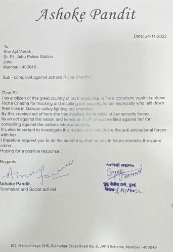 Ashoke Pandit's complaint against Richa Chadha