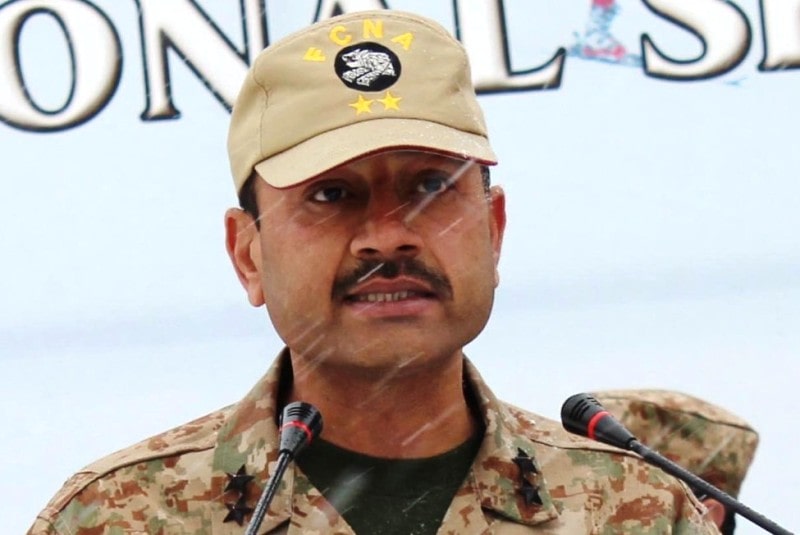 Asim Munir addressing the media during his tenure as the Force Commander of the Northern Areas (FCNA)
