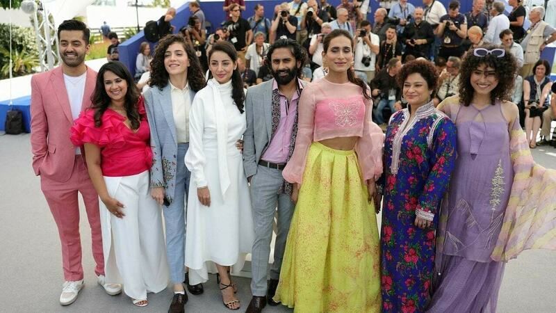 From left, Joyland's director Saim Sadiq, producer Apoorva Charan, Rasti Farooq, Sarwat Gilani, Ali Junejo, Alina Khan, Sania Saeed, and Sana Jafri; picture from 75th annual Cannes Film Festival