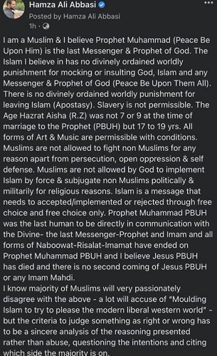 Hamza Ali Abbasi's social media post on Islam