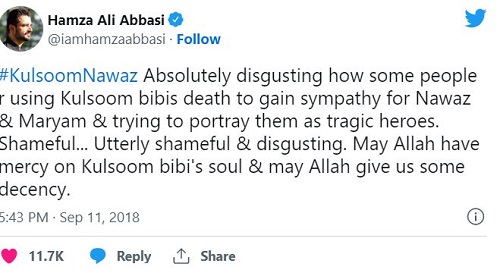 Hamza Ali Abbasi's tweet on Kulsoom Nawaz's demise