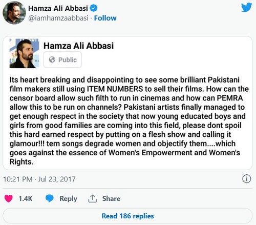 Hamza Ali Abbasi's tweet on item songs