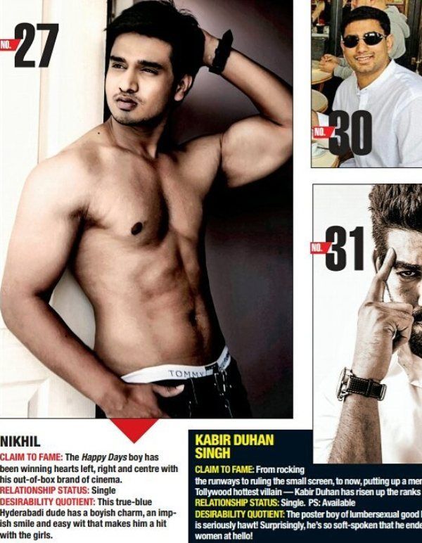 Nikhil Siddhartha ranked at 27th position in the Most Desirable Men of 2016 list by The Times of India