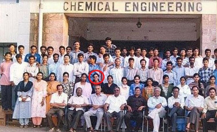 Sandhya Devnathan during a group picture of the students and faculty members of the Department of Chemical Engineering of Andhra University