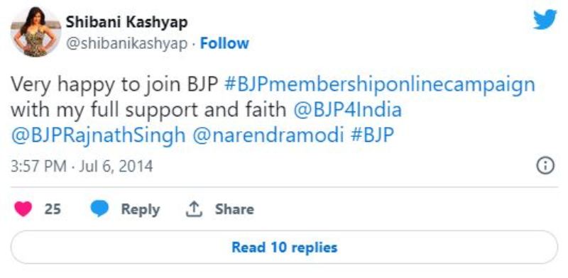 Shibani Kashyap's Twitter post about her political inclination