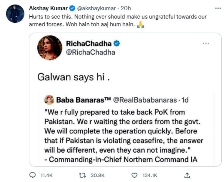 The tweet posted by Akshay Kumar after Richa's tweet on the Indian Army