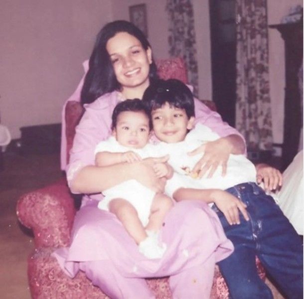 A childhood image of Gautham Karthik (right) with his mother Ragini, and brother Ghayn Karthik (left)