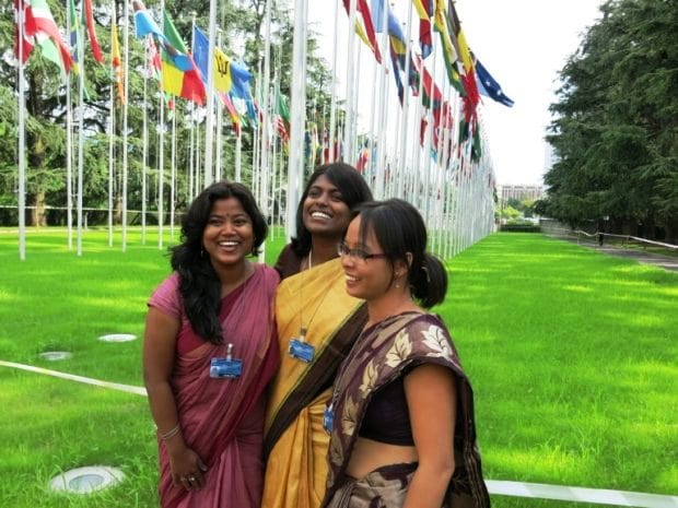 A photo of Ashwini K. P. (in the middle) taken when she was representing the Dalits in the United Nations (UN)