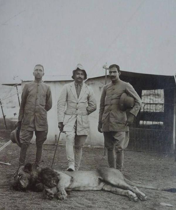 A photo of Digvijaysinhji (in the middle) with a hunted Gir Lion