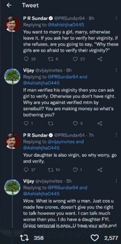 A picture showcasing P R Sundar's controversial remarks passed while conversating with a Twitter user