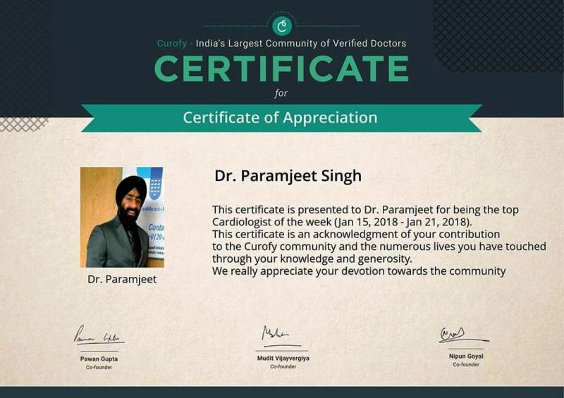 Certificate of appreciation that was given to Paramjeet Singh