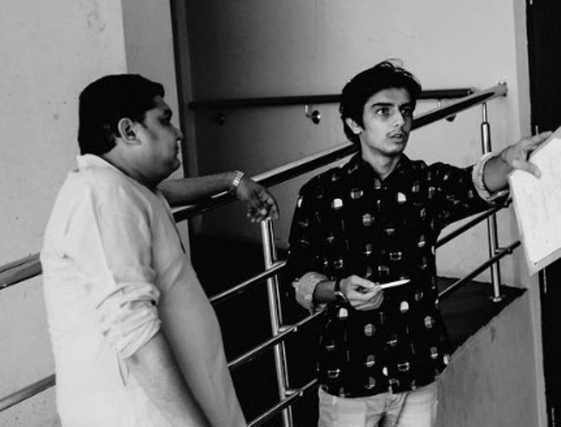 Chirag Katrecha (right) while filming the Gujarati short film Bhavai (2020)