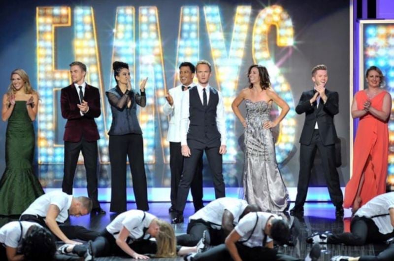 Allison Holker (far left) and the other nominated choreographers with Emmy host Neil Patrick Harris