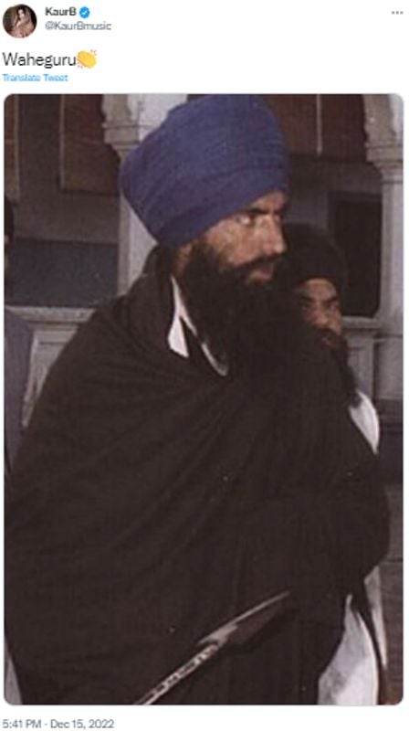 Kaur B shared a photograph of Khalistani terrorist Jarnail Singh Bhindranwale on 16 December 2022 on Twitter