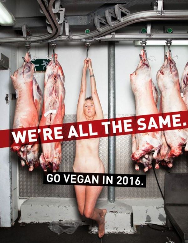 PETA’s campaign banner featuring Ingrid Newkirk hung topless from a butcher’s hook beside headless pigs in 2017 protesting the consumption of meat