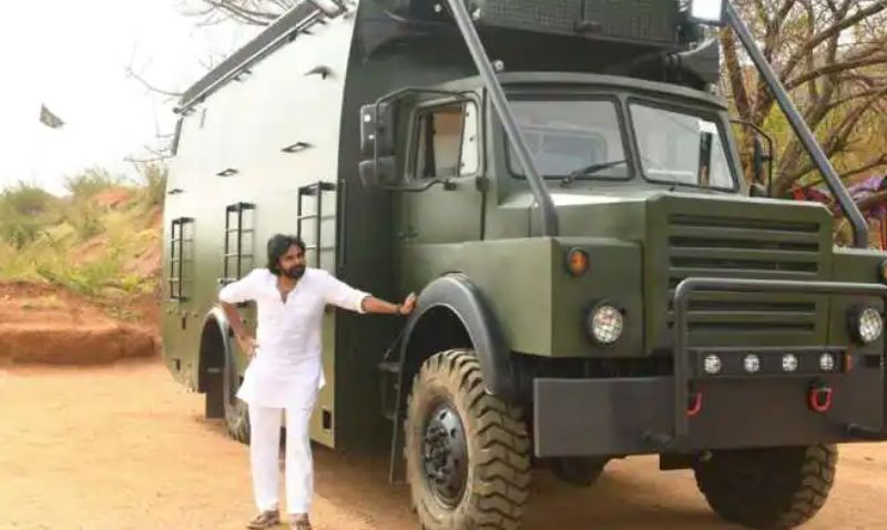 Pawan Kalyan with the controversial olive green vehicle that he used for election campaign