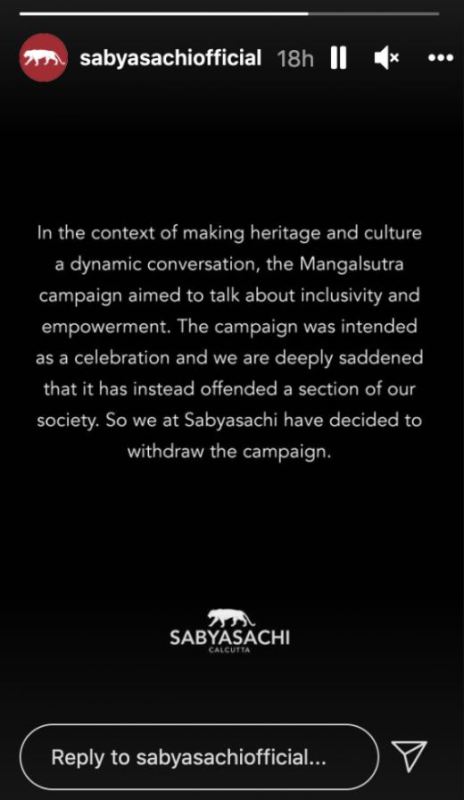 Sabyasachi's post about the decision of withdrawing the ad campaign