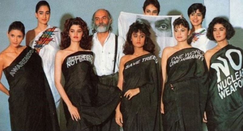 Satya Paul with models promoting environment conservation via his designer saris