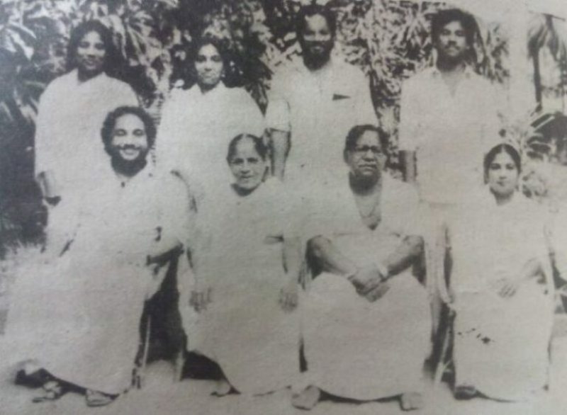 (Standing left to right); Sajini Sugunamma, Sathish Kumar, and Sudhir Kumar (Sitting left to right); Suresh Kumar, Damayanthi Amma, Sugunananda, and Kasthuri amma