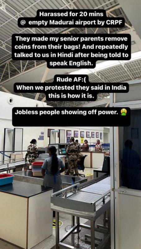 The Instagram story of actor Siddharth about his parents being harassed at Madurai airport