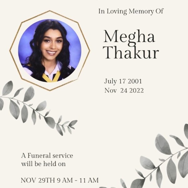 The funeral announcement for Megha Thakur (2001-2022)