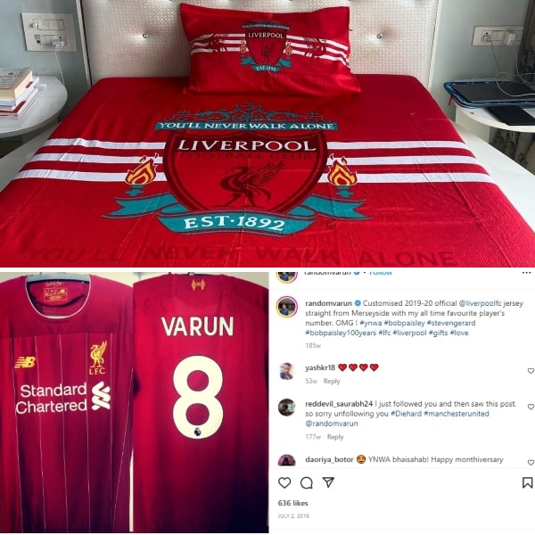 A compilation of photos of Kumar Varun's custom-built Liverpool FC merchandise