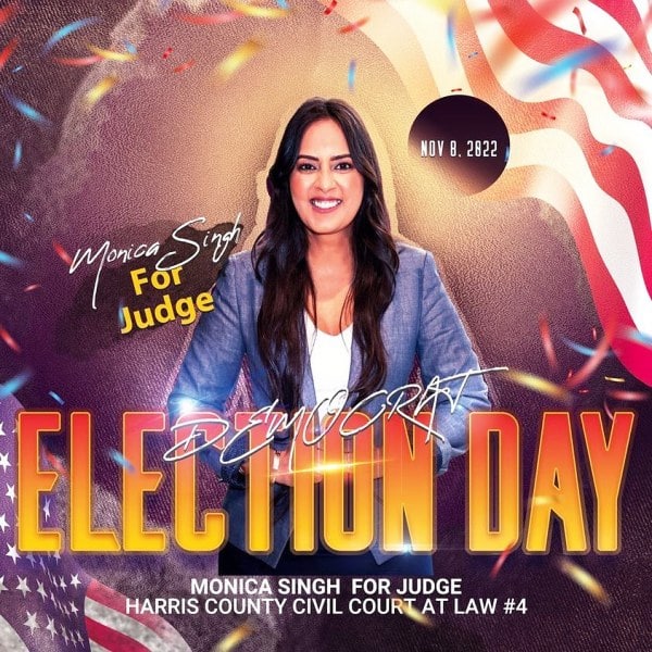 A poster of Judge's election with Manpreet Monica Singh's photo on it