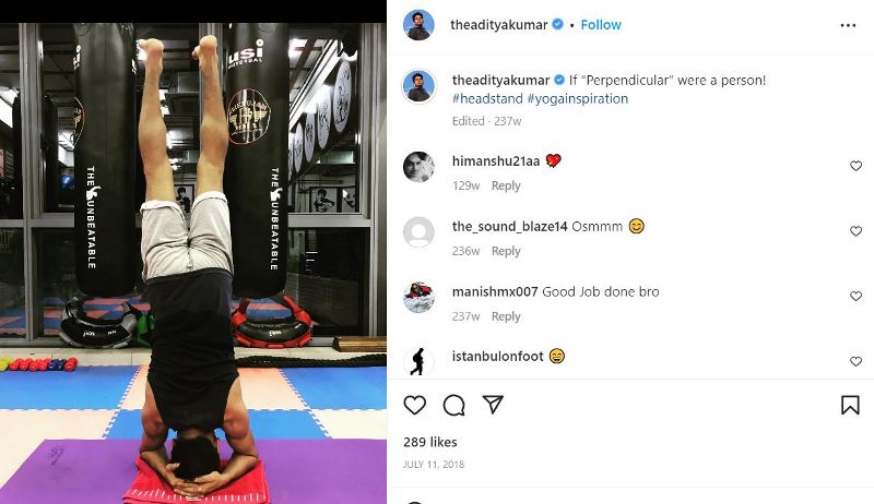 Aditya Kumar's Instagram post about practising yoga