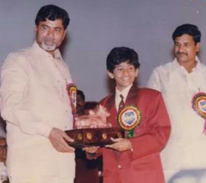 Baladitya receiving his second Nandi Award for the Telugu film Little Soldiers (1996)