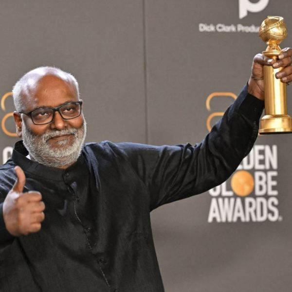M. M. Keeravani posing with his Golden Globe Award on 10 January 2023