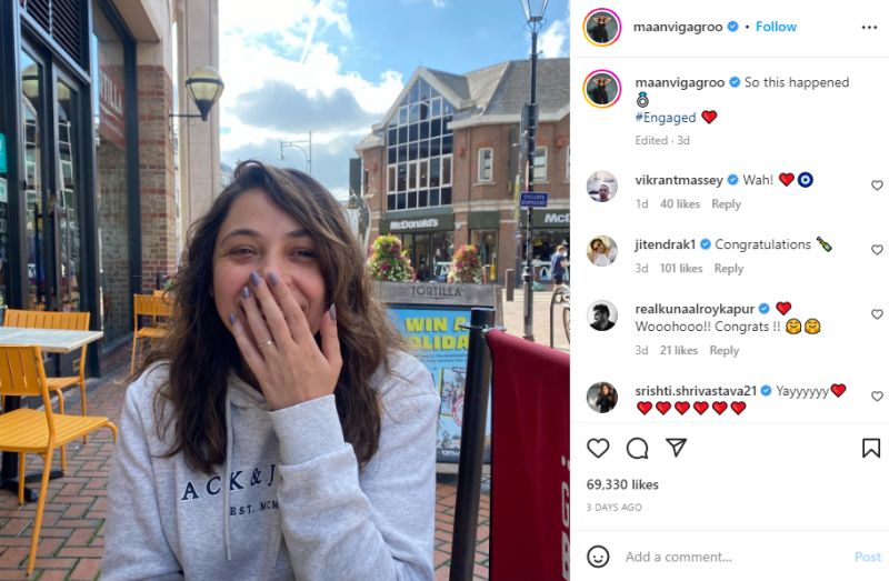 Maanvi Gagroo's Instagram post about her engagement