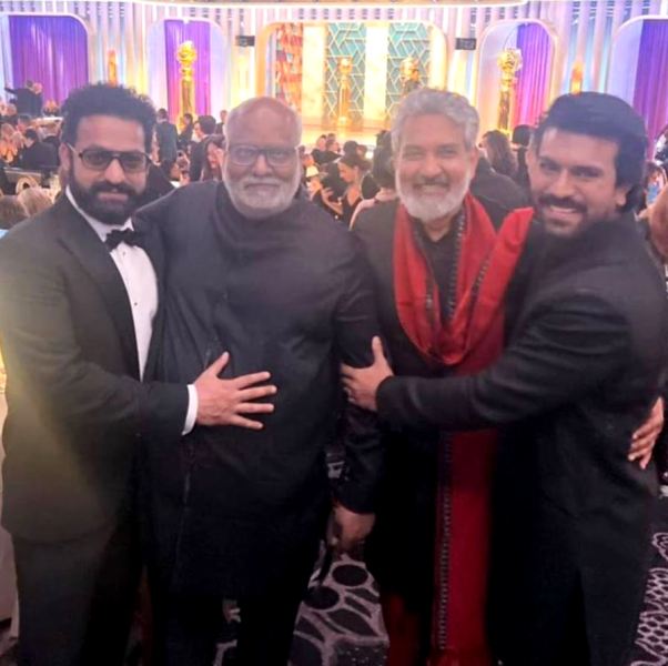 RRR team, Jr NTR, MM Keeravani, SS Rajamouli, and Ram Charan, at the 80th Golden Globe Awards