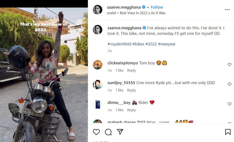 Saanve Megghana's Instagram post about her love for bikes
