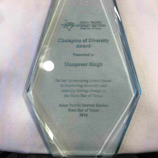 The Texas Diversity Champion Award of Manpreet