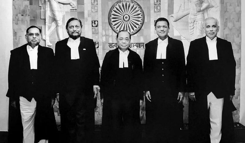 A group photo of the five judges who delivered the verdict in the Ayodhya land case, at the Supreme Court in 2019. S. Abdul Nazeer is on the extreme right.