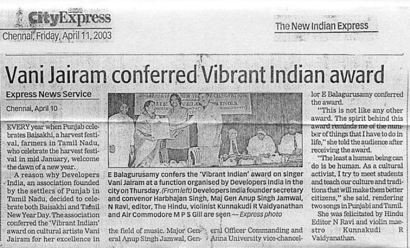 A newspaper cutout of Vani receiving the Vibrant Indian Award