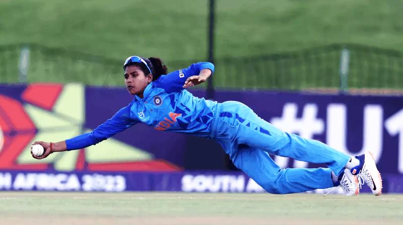 Archana Devi pulling off a one-handed stunner during India vs England, Under-19 Women's T20 World Cup final in Potchefstroom, South Africa on 29 January 2023