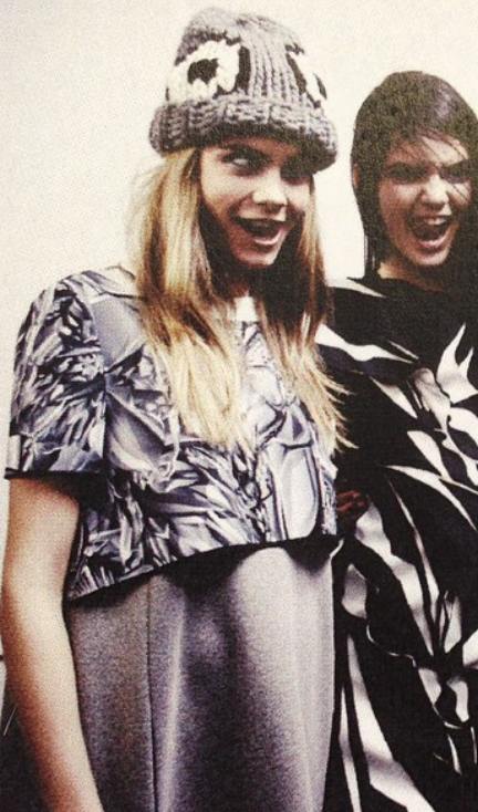 Cara and Kendall wearing a dress by Giles Deacon