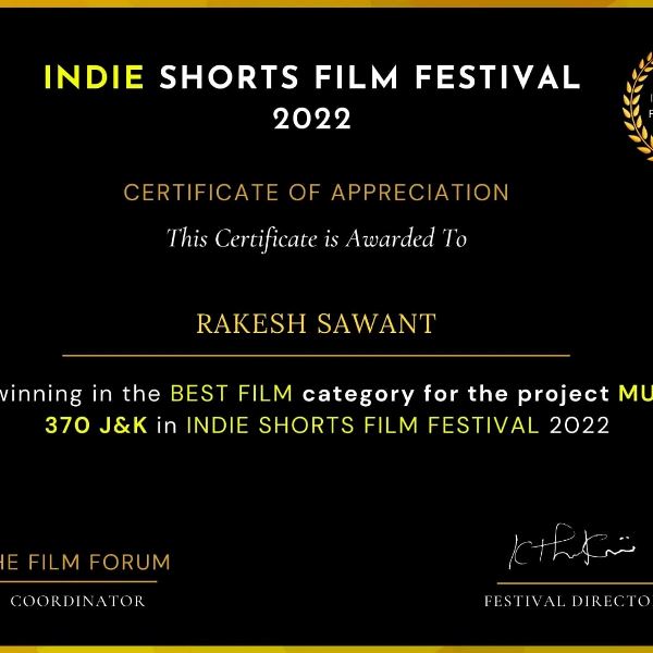Certificate of Appreciation given to Rakesh Sawant for winning the Best Film Award for the 2019 Hindi film 'Mudda 370 J&K'