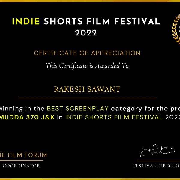 Certificate of Appreciation given to Rakesh Sawant for winning the Best Screenplay Award for the 2019 Hindi film 'Mudda 370 J&K'